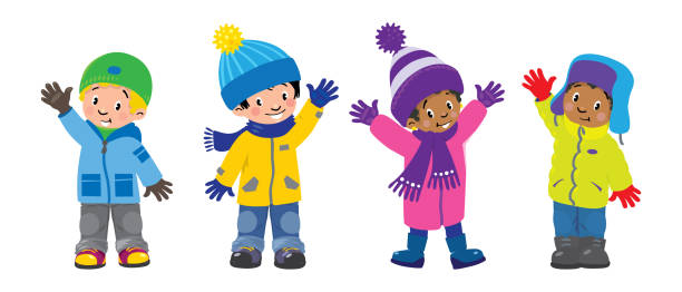 Set of four kids in winter clothes waving by hands. Children vector illustration. European, asian and african ethnicity, boys and girls